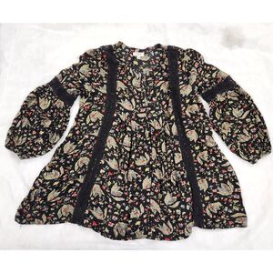 Umgee USA Floral Boho Tunic Blouse Black M Boho Peasant Cottagecore